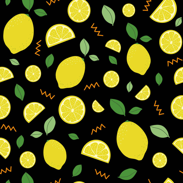 レモン。柑橘系のパターン。黒を基調としたシームレスなパターン。レモンテクスチャベクトル。暑い夏の気分でトロピカルフルーツ。装飾テーマのバナー、カード、プリント、テキスタイル、ファブリックとして使用するのに最適な - ベクター画像