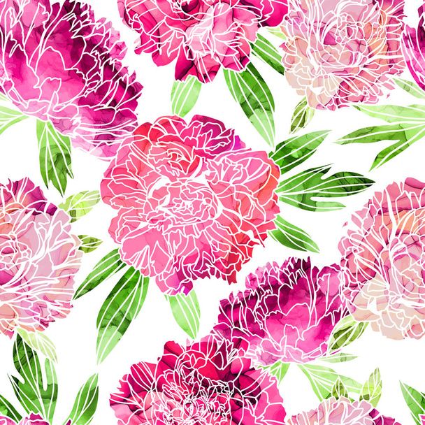 Lush peonies with alcohol ink texture on background, seamless pattern - Διάνυσμα, εικόνα
