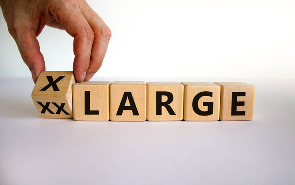 Reducing weight concept. Hand turns a cube and changes the words 'XX Large' to 'X Large'. Beautiful white background. Business and lifestyle concept. Copy space. - Foto, Bild