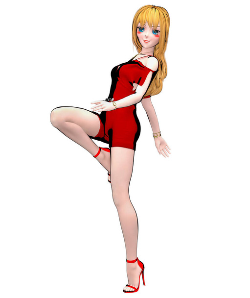 3D render sexy anime doll japanese girl big blue eyes bright makeup.Red jumpsuit.Cartoon, comics, sketch, drawing, manga isolated illustration.Conceptual fashion art. - Foto, Bild