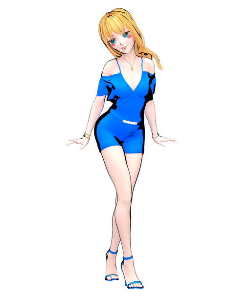 3D render sexy anime doll japanese girl big blue eyes bright makeup.Blue jumpsuit.Cartoon, comics, sketch, drawing, manga isolated illustration.Conceptual fashion art. - Фото, изображение