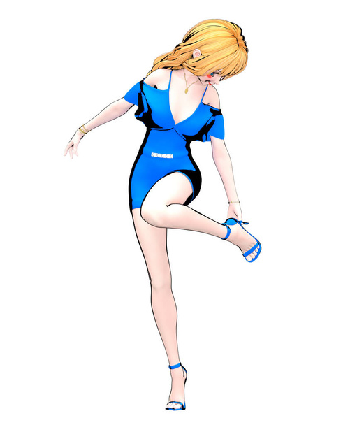 3D render sexy anime doll japanese girl big blue eyes bright makeup.Blue jumpsuit.Cartoon, comics, sketch, drawing, manga isolated illustration.Conceptual fashion art. - Fotó, kép