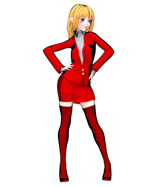 3D render sexy anime doll japanese girl big blue eyes.Red jacket, skirt and long boots.Cartoon, comics, sketch, drawing, manga isolated illustration.Conceptual fashion art. - Fotó, kép