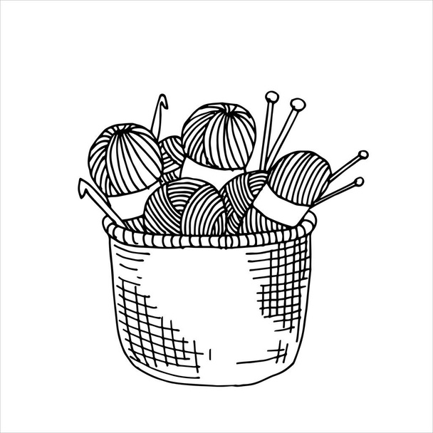 ilustración vectorial en canasta de estilo doodle con hilo para tejer, agujas de punto, ganchillo. cesto acogedor para manualidades caseras, símbolo del pasatiempo, hecho a mano - Vector, imagen
