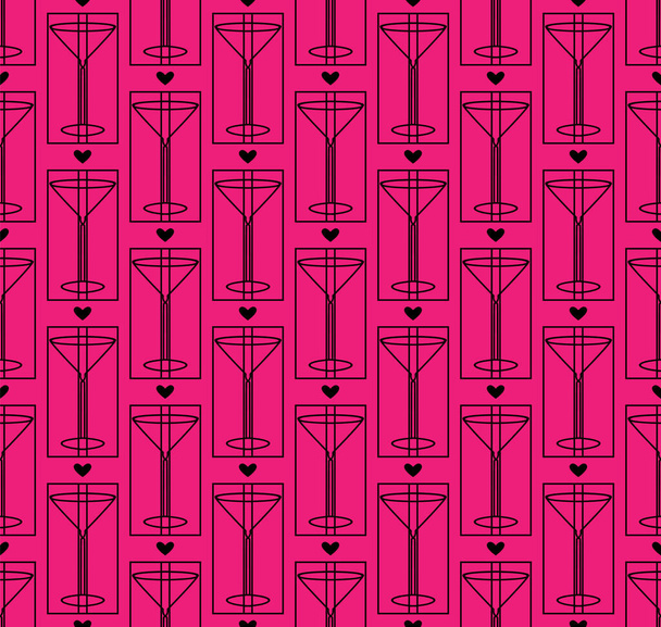 Cocktail glass seamless pattern. Geometric illustration alcoholic drink, Martini, heart. Stylish monochrome black thin outline texture. Fuchsia color background is easy to change - Vector, Image