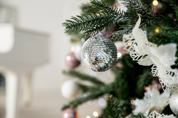 Christmas Decoration. Magenta Balls on Christmas tree branch isolated on white background. Holiday Card - Photo, Image