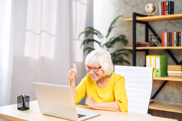 Senior woman is using laptop for video calls - Zdjęcie, obraz