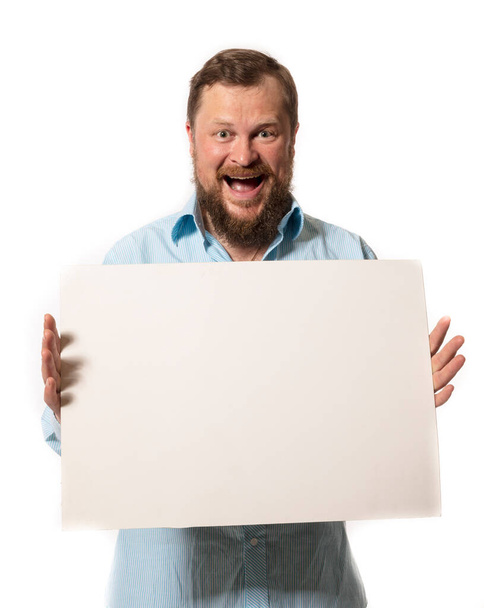 Joyful bearded man with blank paper folio studio portrait - Foto, Imagen