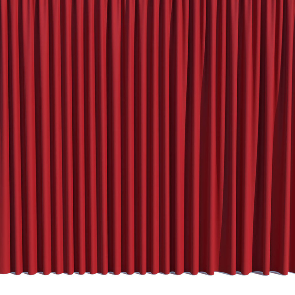 Red stage curtain. Luxury silk velvet drapery isolated on white background. Realistic closed theatrical cinema curtain. Waiting for the show, revealing new product, marketing concept. 3D illustration - 写真・画像