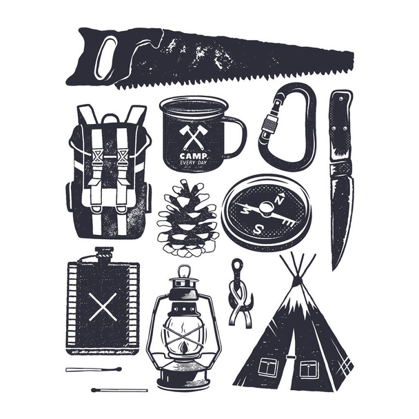 Vintage hand drawn camping symbols. Hiking icons in retro monochrome style. Silhouette mountain adventure elements. Perfect for logo creation, infographics. Stock vector. - Vector, Image
