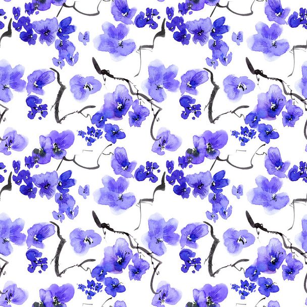 Aquarell und Tusche Illustration eines Blütenbaumes mit blauen Blüten und Knospen. Orientalische traditionelle Malerei im Stil Sumi-e, u-sin und gohua. Nahtloses Muster. - Foto, Bild