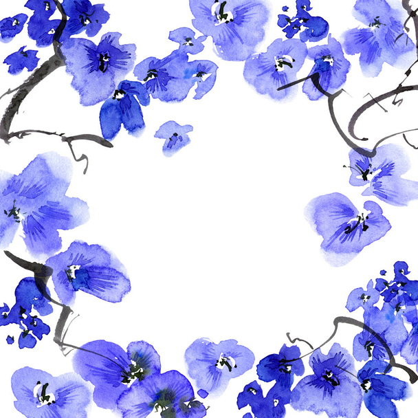 Vesiväri ja muste kuva kukka puu sinisiä kukkia ja silmut. Itämainen perinteinen maalaus tyylillä sumi-e, u-sin ja gohua. - Valokuva, kuva