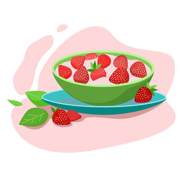 Erdbeer-Wüste in einem Teller. Obst- und Gemüsesalat. - Vektor, Bild