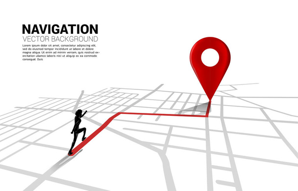 Route zwischen 3D-Location-Pin-Marker und Geschäftsmann auf Stadtplan. Konzept für GPS-Navigationssystem-Infografik. - Vektor, Bild