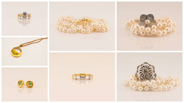 Koláž šperků s diamantovými prsteny, zlatým přívěskem, smaragdovými náušnicemi, broskvemi a perleťovými náhrdelníky - Fotografie, Obrázek