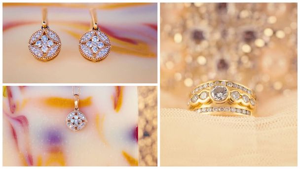 Колаж зображень діамантових сережок, кулон і кільце на кольоровому фоні
 - Фото, зображення