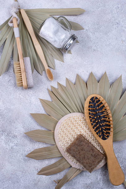 Zero waste accessories. Pumice, comb, toothbrush and washcloth - Photo, Image