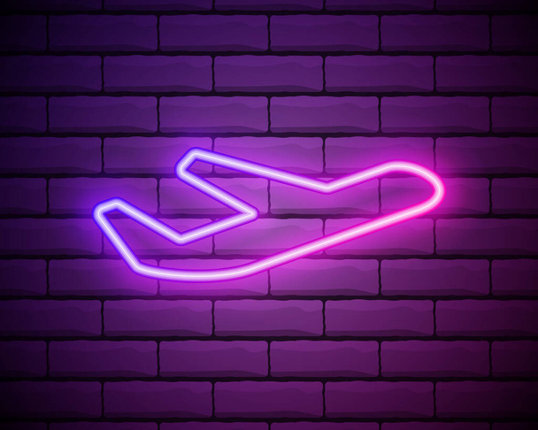Airplane purple glowing neon ui icon. Светящийся вектор логотипа на кирпичной стене backogrund. - Вектор,изображение