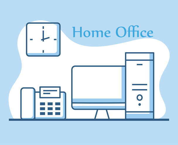 home office technológiai eszközök számítógép telefon és óra vonal stílus - Vektor, kép