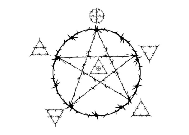 σύμβολο πενταγράμμου σε στυλ συρματοπλέγματος. Μαγικά σημάδια που χρησιμοποιούν τη μαγεία και πέντε στοιχεία: Πνεύμα, αέρας, γη, φωτιά και νερό εικονίδια μαντεία. Απόκρυφος εικονογράφος μαντείας Wicca, απομονωμένος φορέας  - Διάνυσμα, εικόνα