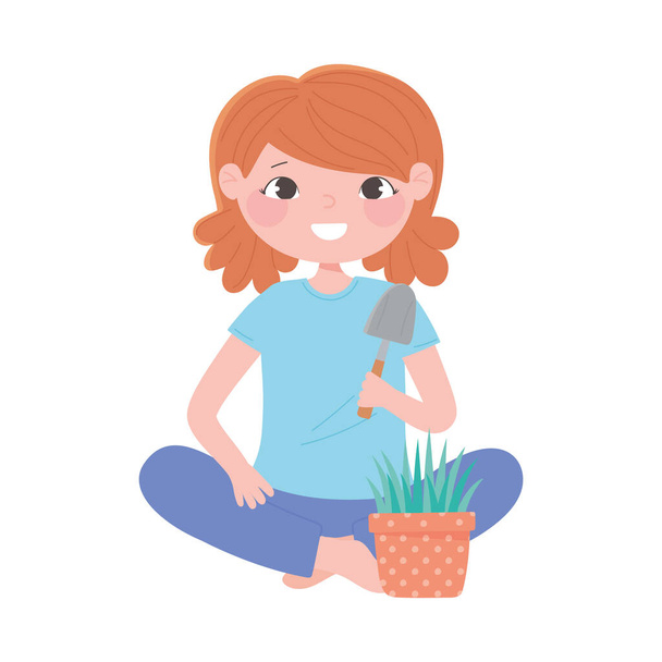giardinaggio casalingo, ragazza con pala e pianta in vaso - Vettoriali, immagini
