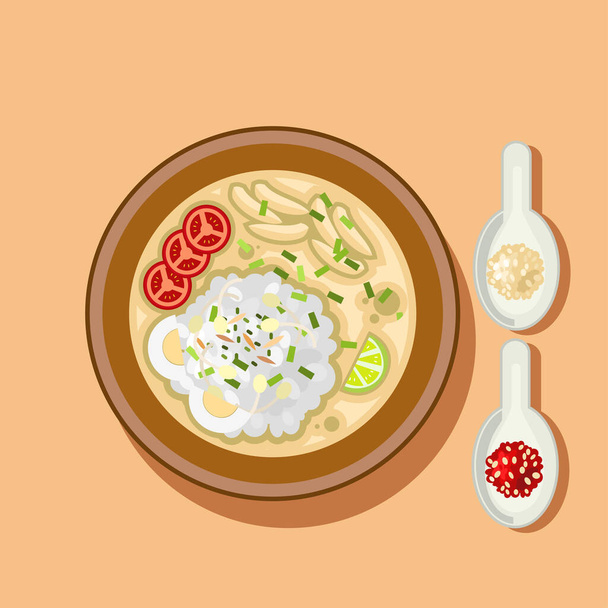 Soto Ayam es una sopa tradicional indonesia compuesta principalmente de caldo, pollo rallado, lima y verduras. Soto alimento icono vector ilustración. - Vector, imagen
