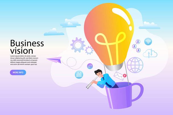 Business people take a telescope from a bulb balloon. Vision, Ambition, Achievement, Vector flat style - Vector, Image