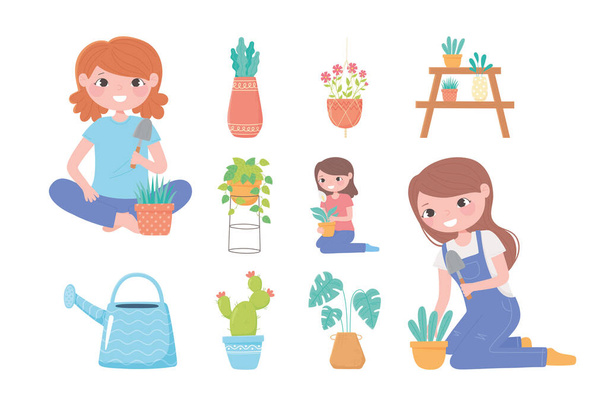 home gardening, girls houseplants growing in pots watering can icons - Vector, Image