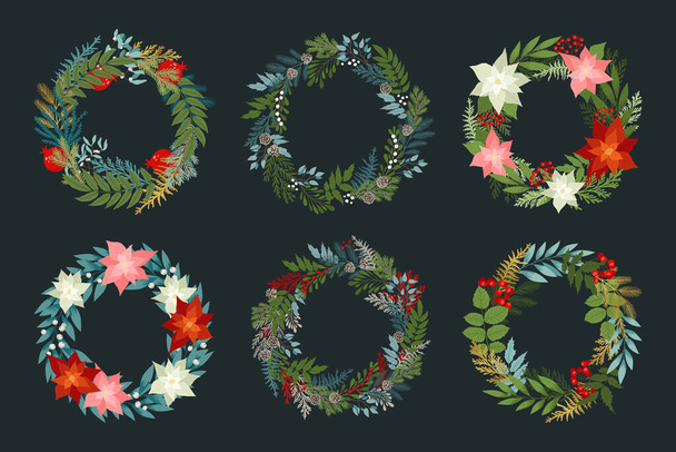 Set van kerstkransen met hulst bessen, poinsettia 's, dennen en dennen takken, kegels, winterplanten, rowan. Vector design elementen voor uw vakantiekaarten - Vector, afbeelding