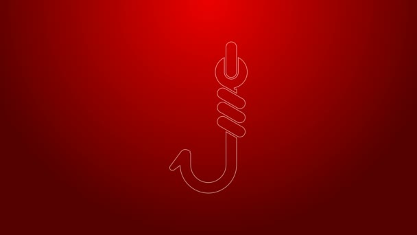 Green line Fishing hook icon isolated on red background. Fishing tackle. 4K Video motion graphic animation - Footage, Video