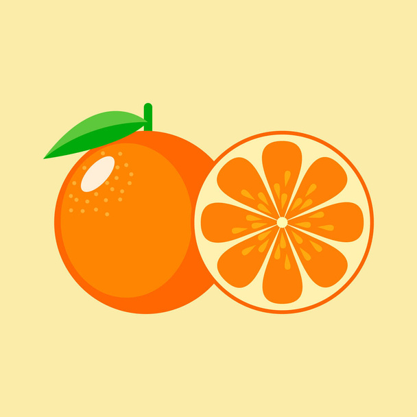 オレンジの果実スライス。オレンジフルーツフード天然有機栄養ベクトルイラスト。新鮮な全体と半分のオレンジの果実のセットで、葉は色の背景に孤立しています。タンジェリン。有機果実. - ベクター画像