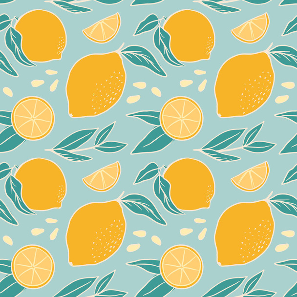Flat seamless pattern with yellow lemons. Fruit vector pattern. Perfect for fabric, clothes, wallpaper, wrap paper - Vektori, kuva