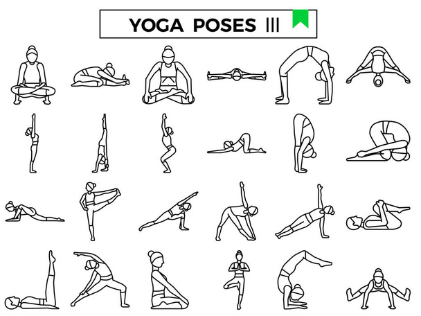 Yoga-Posen umreißen Design-Icon-Set. - Vektor, Bild