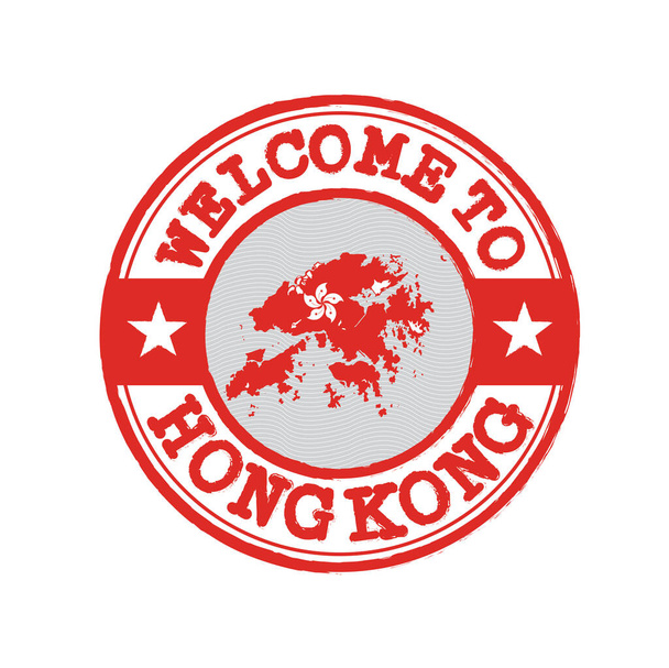 Wektorowy znaczek powitania w Hong Kongu z zarysem mapy kraju w centrum. Grunge Rubber Texture Pieczęć powitania w Hong Kongu. - Wektor, obraz