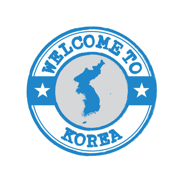 Timbre vectoriel de bienvenue en Corée avec plan de la péninsule coréenne au centre. Grunge Texture en caoutchouc Timbre de bienvenue en Corée. - Vecteur, image