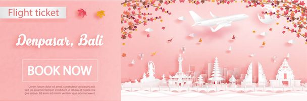 Flight and ticket advertising template with travel to Denpasar, Bali. Indonesia in autumn season deal with falling maple leaves and famous landmarks in paper cut style vector illustration - Vektor, kép
