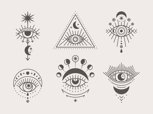 Набор мистических глаз, икон Солнца и Луны в трендовом минимальном линейном стиле. Векторная изоляция для футболок, плакатов, карточек, копий, дизайнов и татуировок. - Вектор,изображение