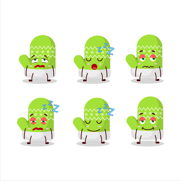 Cartoon character of new green gloves with sleepy expression. Vector illustration - Вектор,изображение