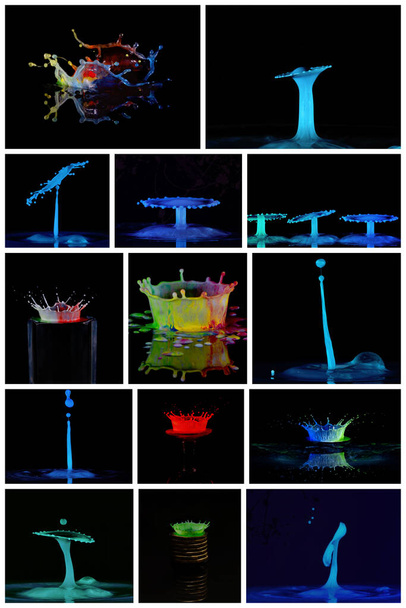 Collage d'images de goutte d'eau formant des becs, des couronnes, des parapluies et des éclaboussures - Liquid Drop Art - Photo, image