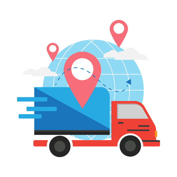 az árufuvarozás, a tehergépkocsi fogalmának szemléltetése. helymeghatározási térkép. vektor - Vektor, kép
