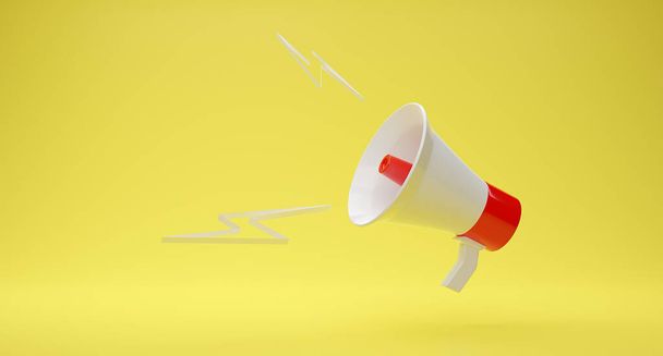 Red-White megaphone on yellow background 3D rendering. speaker speech for your text. illustration - Photo, Image