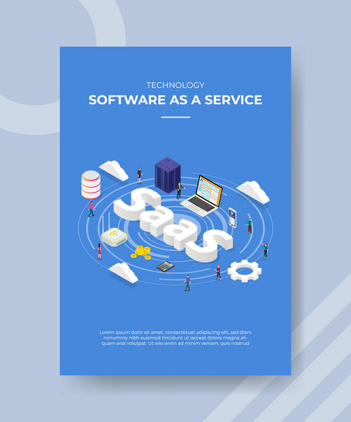 technology software as a service people standing laptop server router cloud SaaS text for template of banner flyer for printing magazine cover and poster - Vector, Image