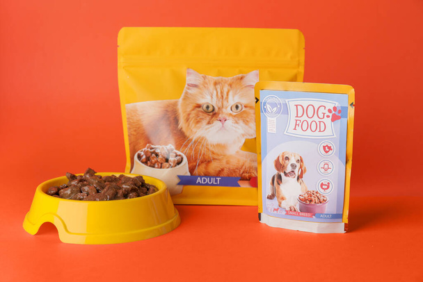 Tasty pet food on color background - Photo, Image