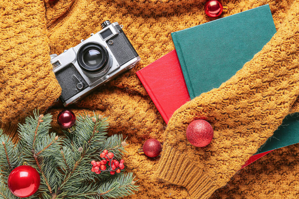 Christmas composition with stylish clothes and photo camera - Foto, immagini