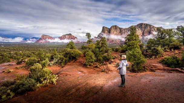 Vrouw op zoek naar de Rode Rotsen van Munds Mountain en Omliggende Bergen in de buurt van de stad Sedona in het noorden van Arizona in Coconino National Forest, Verenigde Staten - Foto, afbeelding