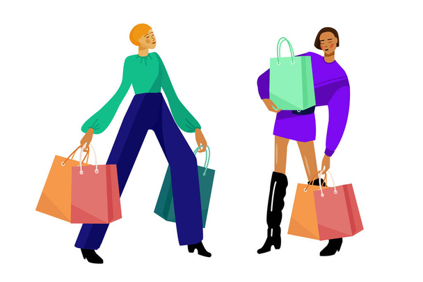 Urban shopping girls set. Fashion girls with shopping bags. Two persons. - Vector, Image