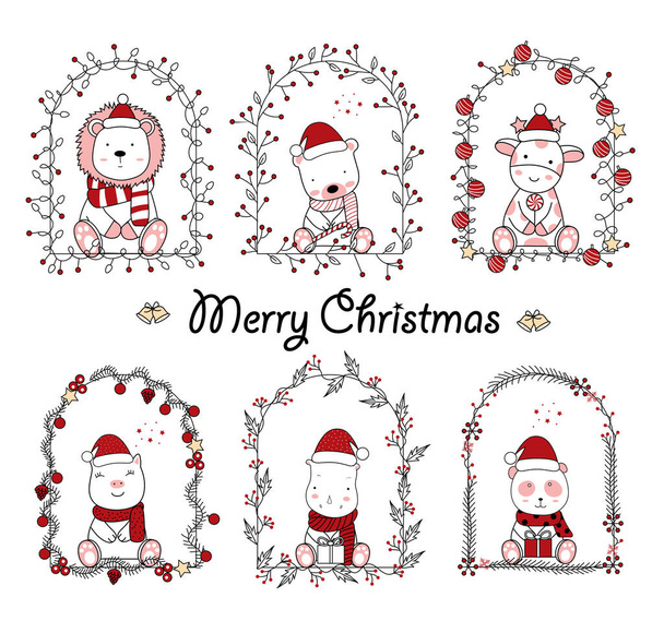 Weihnachtliches Design mit dem niedlichen Animal Cartoon in floralem Rahmen. Handgezeichneter Cartoonstil - Vektor, Bild