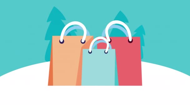 heureux joyeux Noël vente animation avec sac à provisions dans la neige - Séquence, vidéo