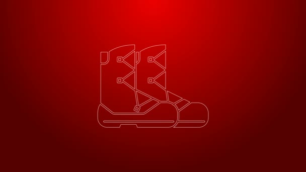 Zöld vonal Boots ikon elszigetelt piros háttérrel. 4K Videó mozgás grafikus animáció - Felvétel, videó