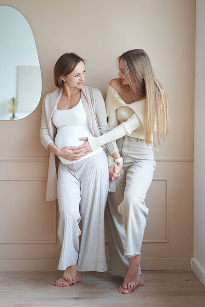 Pareja lesbiana esperando al bebé, mujer posando con su novia embarazada - Foto, Imagen